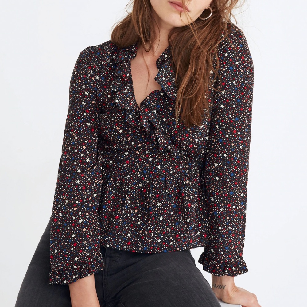 Madewell Silk Ruffle-Hem Wrap Top in Starry Night-Size XS